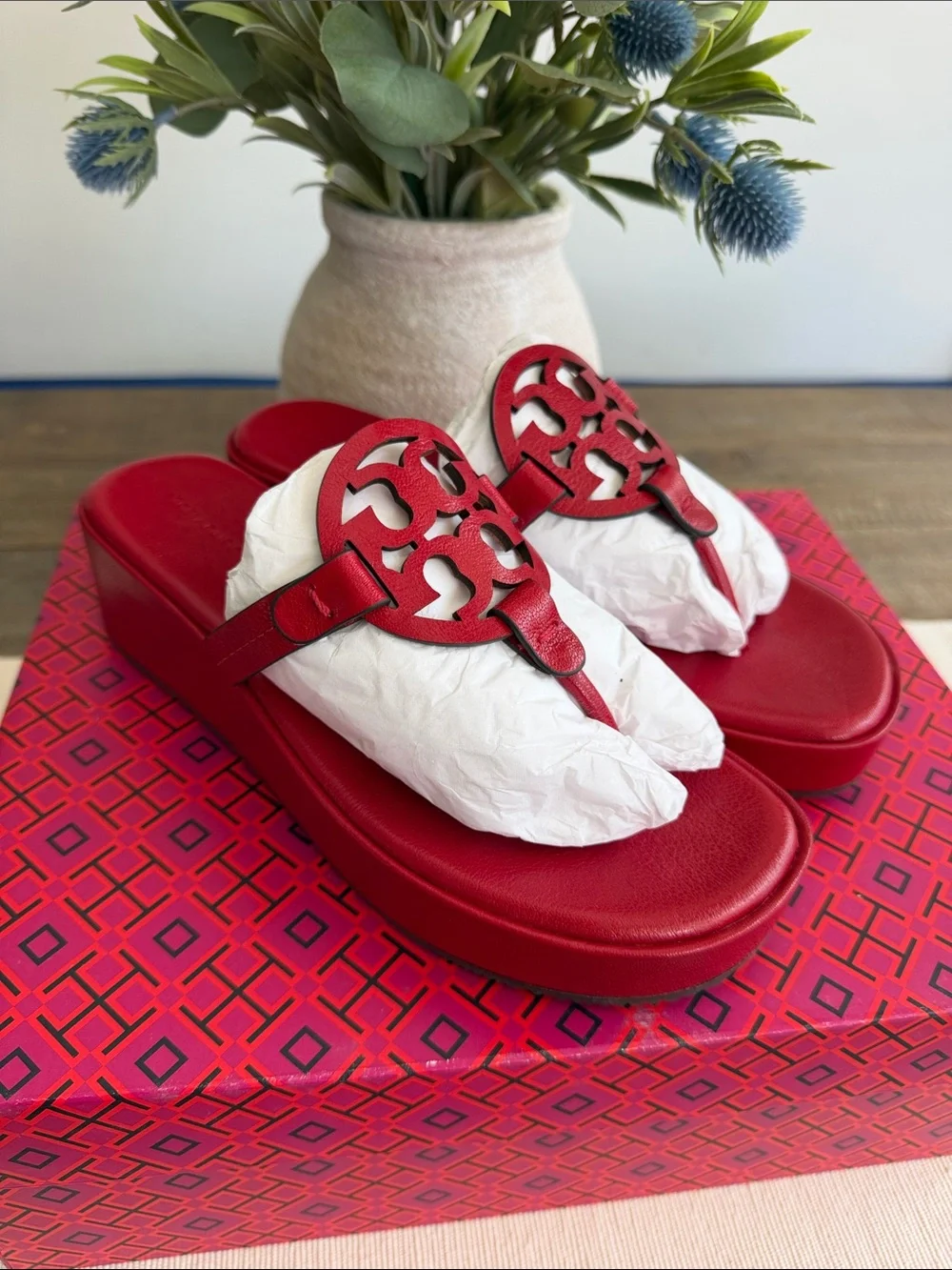 Tory Burch Red Leather Miller Wedge Thong Sandal with Signature Logo